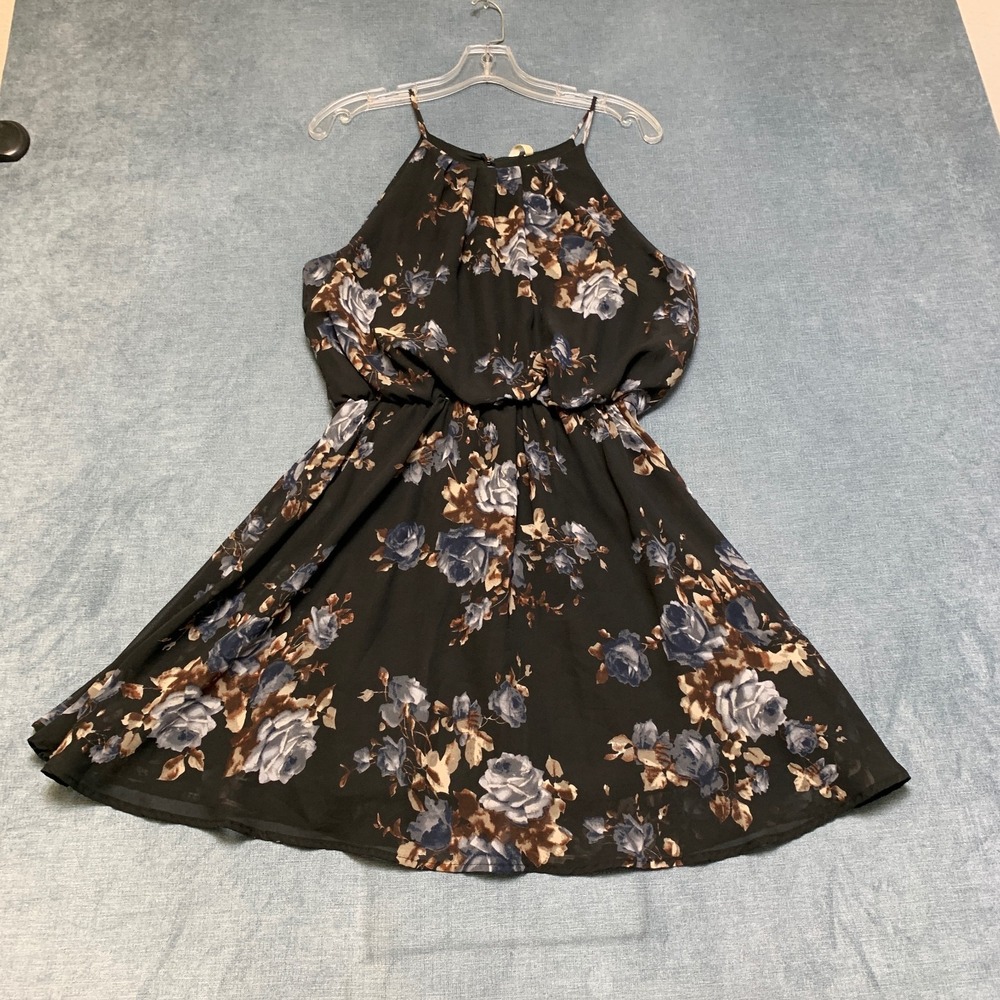 DNA Couture Mini Dress Womens Large Black Floral Halter Neck Sleeveless Casual